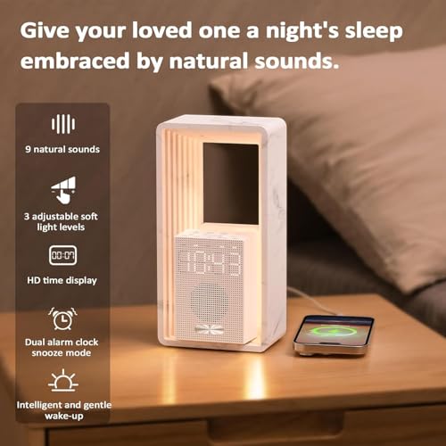 Reloj despertador Sunrise con pantalla regulable, luz nocturna, 9 sonidos de ayuda para dormir, temporizador de apagado automático, puerto de carga USB, ideal para viajes o uso doméstico