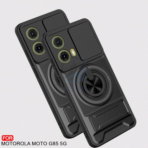 Image of AESTMO Moto G85 5G Back Cover | Armor Camera Slider 360 Degree Rotating Finger Ring Holder Case with Bracket Stand Back Case Cover for Moto G85 5G (Compatible with MagSafe Accessories) (Black)