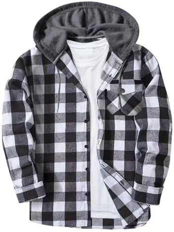 Mens Flannel Jacket Button Down Plaid Hoodie Shirt Jackets Long Sleeve Stylish Hooded Casual Tops with Pocket
