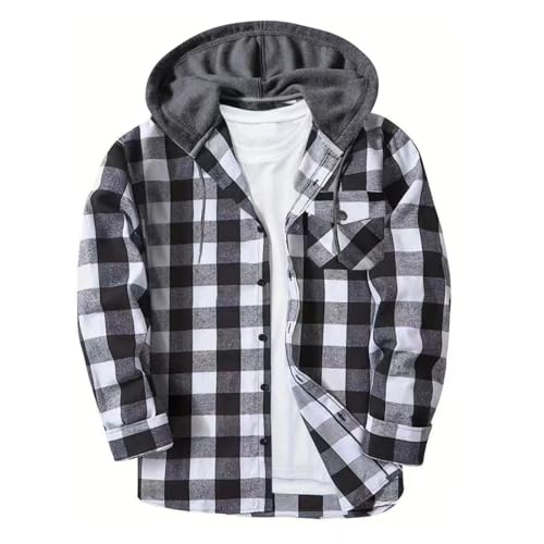 Mens Flannel Jacket Button Down Plaid Hoodie Jackets Casual Stylish Long Sleeve Tops with Pockets