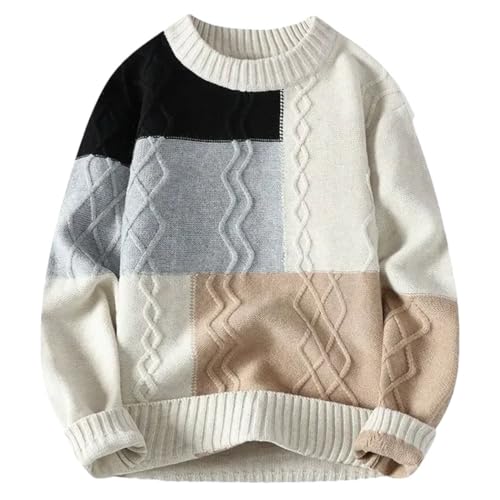 Men Twisted Pattern Knit Sweater Round Neck Colorblock Pullover Casual Warm Stylish Top