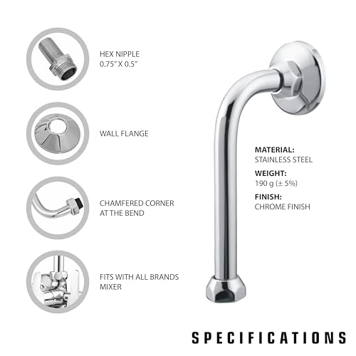 Image of Pixaflo Stainless Steel 9 inch inch L-Bend for Wall Mixer | 1 /2 inch inch X 3 /4 inch inch Hex Nipple | Compatible for All Types of 2 in 1 and 3 in 1 Wall Mixers