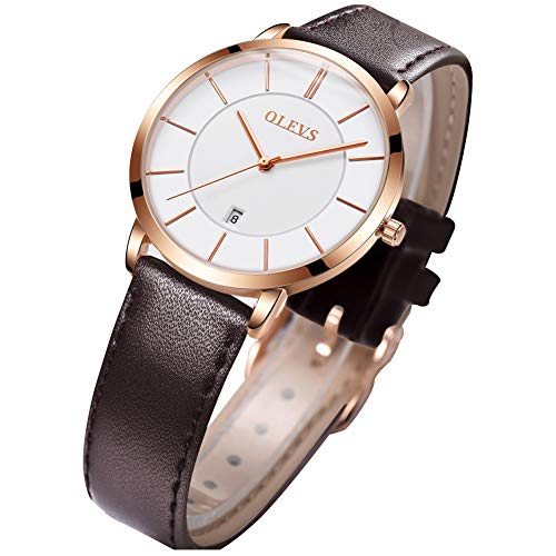OLEVS Women's Watches for Ladies Female Wrist Watch White Dial Dark Brown Leather Band Waterproof Big Face Thin Minimalist Fashion Casual Simple Dress Quartz Analog Classic Gifts with Date Calendar