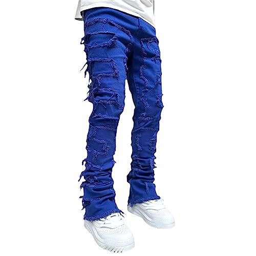 Men's Stacked Jeans Skinny Ripped Frayed Washed Jeans Destroyed Straight Denim Pants Hip Hop Trousers Streetwear3