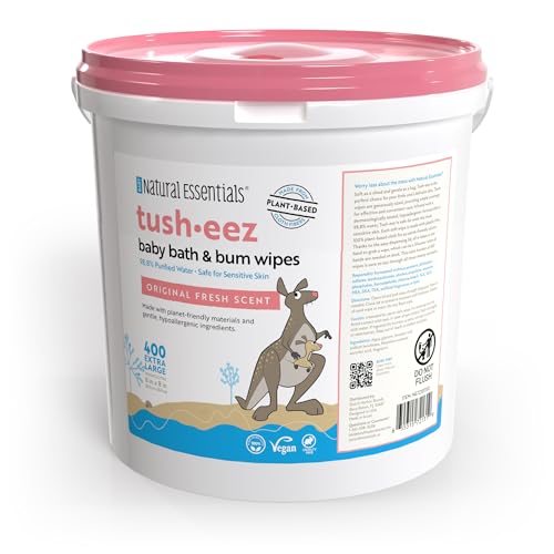 Image of Natural Essentials Tush-eez 400ct Baby Wipes - Plant-Based & Water-Based Baby Formul for Bath & Bum - Hypoallergenic, Plastic-Free, Fresh Scent - Newborn Essentials Must Haves, Large 8x8 Bulk Size