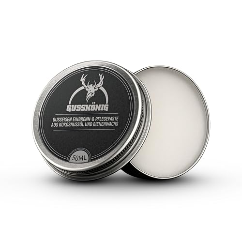 GUSSKÖNIG Pflege- & Einbrennpaste für Dutch Oven, Pfannen & Grill | 100% Natürliche Pflege mit Bienenwachs & Kokosöl | Schutz & Patinaaufbau für Gusseisen | 50 ml Dose