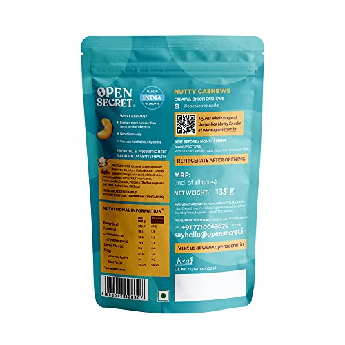 Image of Open Secret 100% Natural Premium Cream and Onion Salted Cashews 135 g Pack| Whole Crunchy Salted Cashew | Premium Kaju Nuts | Nutritious & Delicious | Gluten Free & Protein (Pack of 2)