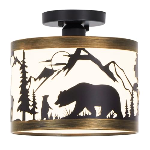 MLGB Rustic Farmhouse Semi-Flush Mount Ceiling Light with Shade, Deer & Bear Cabin Metal Fixture for Living Room, Bedroom, Hallway or Entryway, 9.5" E26 Base (Bulb Not Included)