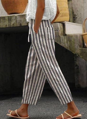 Women's Grey White Striped Wide Leg Drawstring Waist Casual Trousers 2025 Spring Summer Stylish Loose Pants2