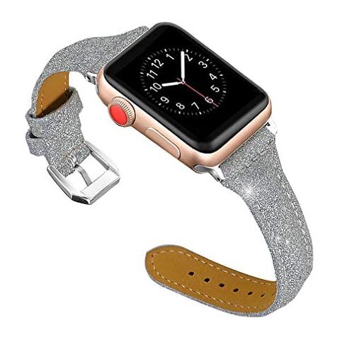 Leather Wrist Strap For Apple Watch Strap 38mm 40mm, Bling Glitter Leather iwatch Replacement Strap with Secure Metal Buckle for Apple Watch Series 4 Series 3 Series 2,Series 1, Silver Cover