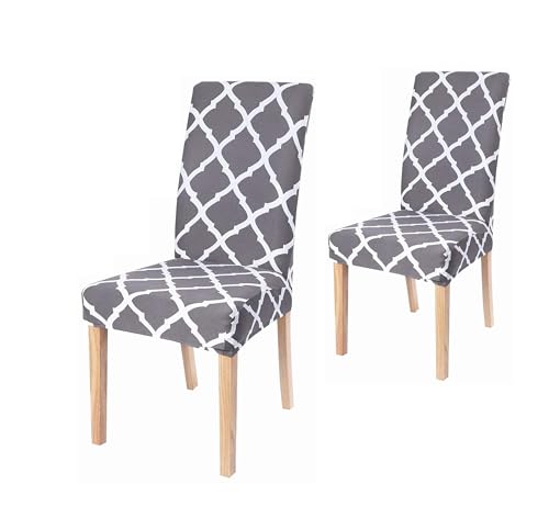 Image of Dining Chair Covers Set of 2, Stretchable Removable Washable Anti-Slip Universal Fit Printed Polyester Spandex Slipcovers (Grey Diamond)