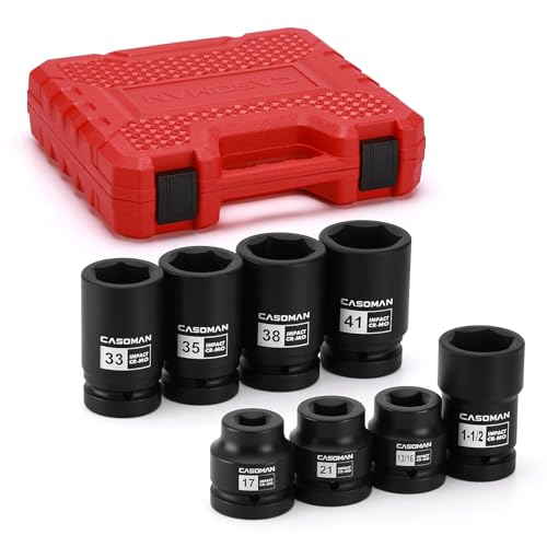 CASOMAN 8-Piece 1-Inch Drive Impact Socket Set, Metric & SAE, Truck Socket Wheel Service Impact Socket Set, 6-Point/Square Design, CR-MO
