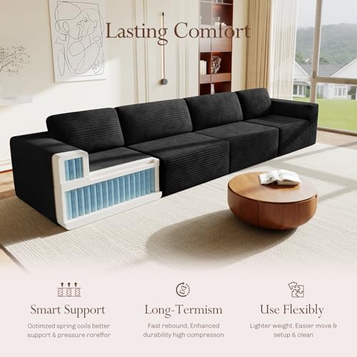 Image of Vesgantti 159 inch Modular Sectional Sofa, Corduroy Cloud Couch with Extra Deep Seats & Spring Support, Flexible Layout 4-Seater Boneless Couch, No Assembly Required, Black