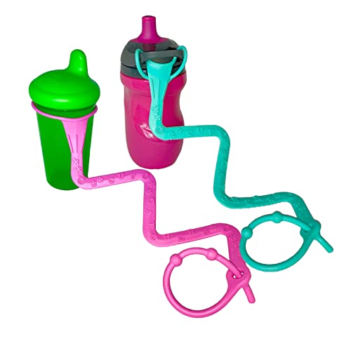 Image of Brilli Baby Sippy Cup Catcher - 2-Pack - Bungee Tether for Bottle or Toy - Pacifier Holder Strap to Attach to Your Stroller - Leash to Secure Cups to High Chairs -Springy Cord for Car Seat Aqua & Pink