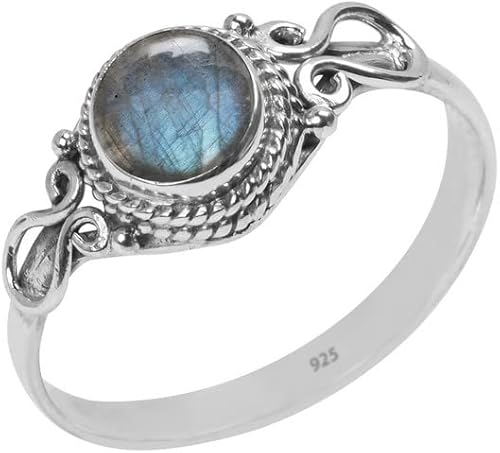 Labradorite Stone Ring, Handmade 925 Sterling Silver Rings for Women Girls, Natural Gemstone Ring US size 7 Solitaire Ring, Round Stone Ring, Minimalist Birthstone Gift Jewelry for her
