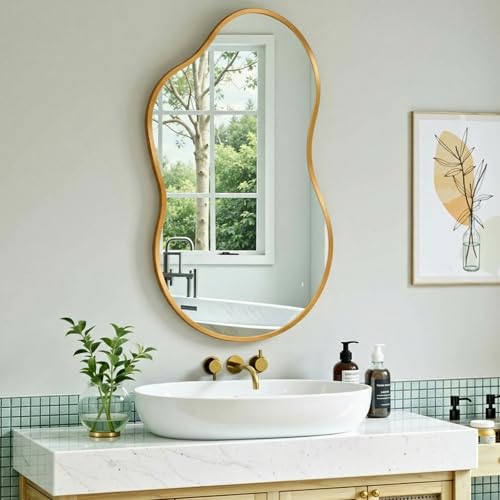 MAMIZO Miroir asymétrique, 50 x 91 cm, miroir mural de forme irrégulière, verre trempé, cadre en aluminium, miroirs décoratifs, miroir de maquillage unique, miroir de salle de bain, doré