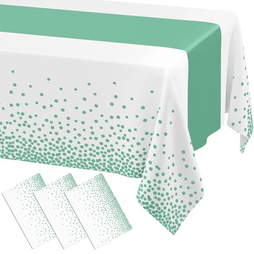 Image of Smiry Plastic Table Cloth Disposable 3 Pack, 54 x 108 Inch Rectangle Waterproof Tablecloth, Printed Gold Table Runner Style for Birthday Weeding, Party Decorations, Leakproof & Sturdy, White and Teal