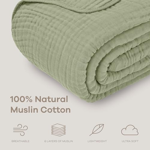 Image of Comfy Cubs Muslin Throw Blanket - 50 inch x 60 inch Quilted Design - Lightweight, Breathable 6-Layer Gauze Fabric - Soft Cotton Blanket for Home or Travel - Packaged in Elegant Gift Box - Sage
