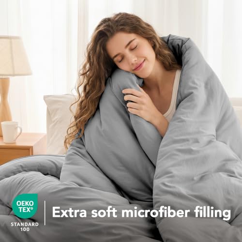 Image of Quataly Oversized King Comforter Set Prewashed Lightweight Quilted Bedding | 3PCS Light Grey Breathable Down Alternative Bedding Set with 1 Solid Comforter (120 inchx98 inch) and 2 Soft Pillowcases