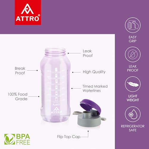 Image of ATTRO Ultra Pro Motivational 1-Liter BPA-Free Water Bottle with Leak-Proof Flip-Top Cap, Nylon Strap and Stylish Color for Daily Hydration Set of 4-Violet