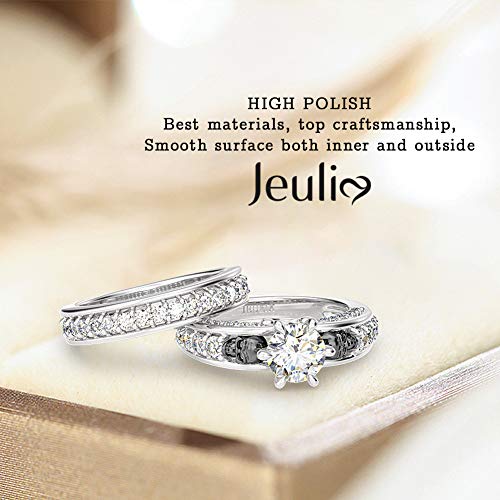 Image of Jeulia 4Carat Women Curved Two Tone Skull Rings Men Sterling Silver White Diamond Bridal Ring Set Round Cut Halo Engagement Rings Cubic Zirconia Eternity Band Promise Wedding Anniversary