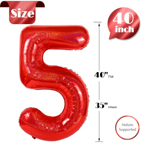 Image of Laser Red 5 Balloon, Number Balloons 40 Inch, 5th Birthday Balloon Decorations, Laser Red Party Supplies, 5 Number Balloons, Number 5 Balloon
