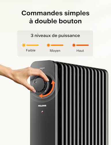 pelonis 13 éléments radiateur bain d'huile 2500w, mobile chauffage électrique, thermostat réglable, radiateur à huile economie d'énergie, 3 niveaux de chaleur, caractéristiques de sécurité intégrées