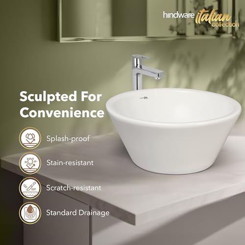 Image of Hindware Italian Collection Crystal Deep Bowl Table Top Wash Basin for Bathroom | Made of Ceramic | Star White | Round Shape | Over the Counter Basin