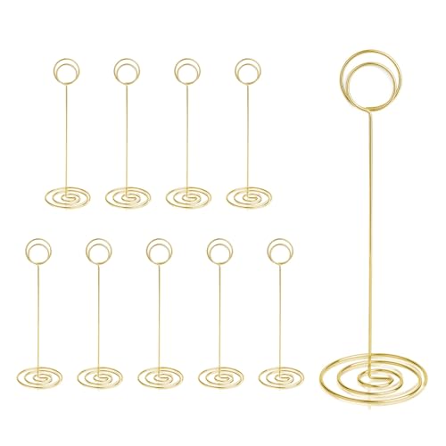 Table Number Holders 10Pcs-8.75 in, Tabletop Photo Holder Menu Clips,Reusable Name Card Holder Prevent Falling for Office Memo Weddings Family Banquets Anniversary Birthday Party (Gold, Round Shape)