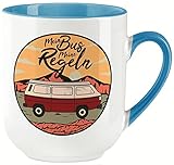 vanVerden Curved Tasse - Mein Bus Meine Regeln - Camping Vanlife Camper Reisen in den Bergen - beidseitig Bedruckt - Geschenk Idee Kaffeetasse, Tassenfarbe:Weiß/Blau