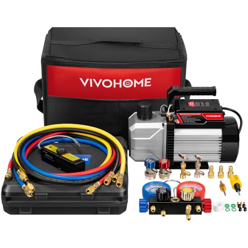Image of VIVOHOME 1 /3 HP 5CFM 1 Stage AC Vacuum Pump and 4 Way AC Manifold Gauge Set | 110V HVAC Vacuum Pump Kit, Leak Detector, 5ft Hoses, for R134a R410a R12 R22 R502 Air Conditioning Refrigeration Recharging