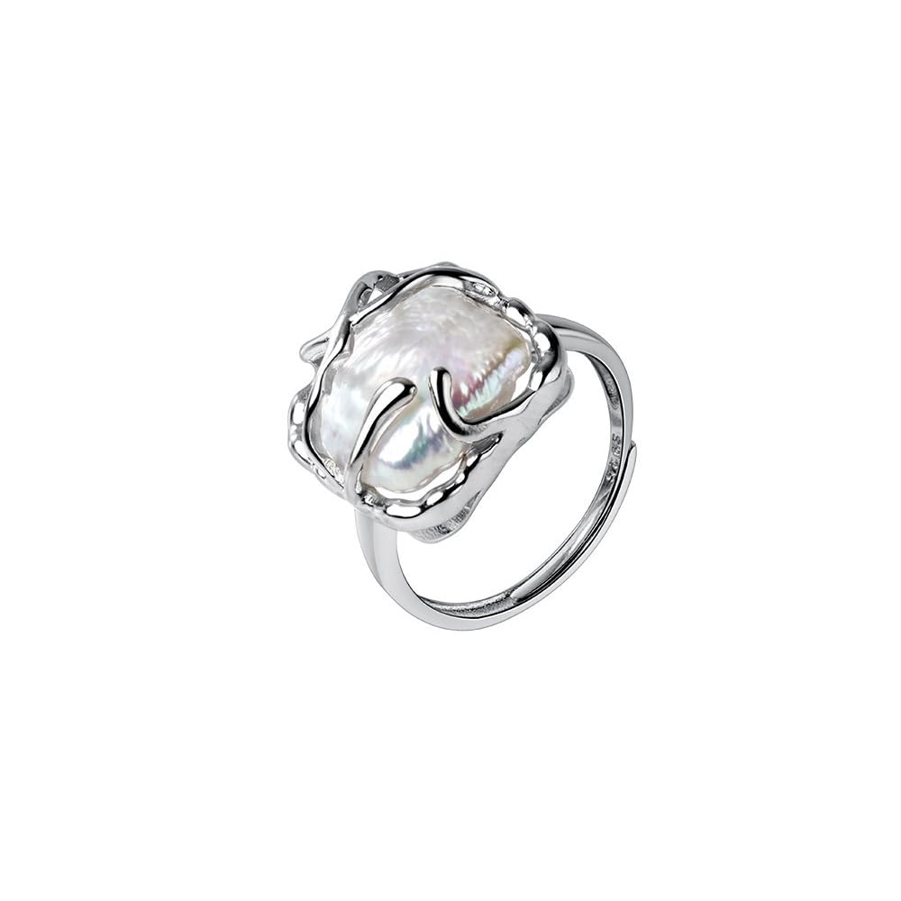 IMINI Anillo de plata de ley 925 con perla barroca irregular para mujer y niña, anillo de moda ajustable para mujer y niña, regalo de cumpleaños o San Valentín, plata de ley, perla, Plata de ley,