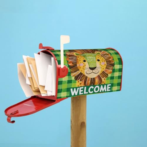 Image of Dujiea Cartoon Lion Welcome Mailbox Wrap, Waterproof Magnetic Post Box Cover, Standard Size 21 inchX 18 inch Garden Yard Outside Farmhouse Home Decor