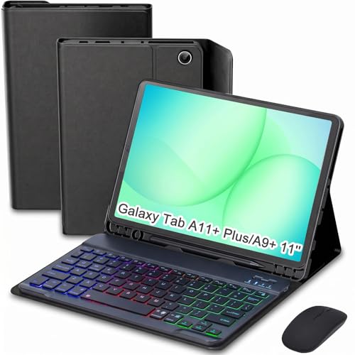 Funda con teclado para Samsung Galaxy Tab A9 Plus de 11 pulgadas con ratón Bluetooth y luz color negro