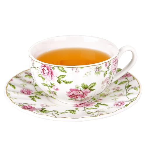 Integrity.1 Tazas y Platillos de Té Flor Rosa, 8oz Rosa Taza de Café de Porcelana Fina con Platillo, Juego de Taza y Plato de Flor de Porcelana de Regalo, para Mamá Amiga Fiesta de Té
