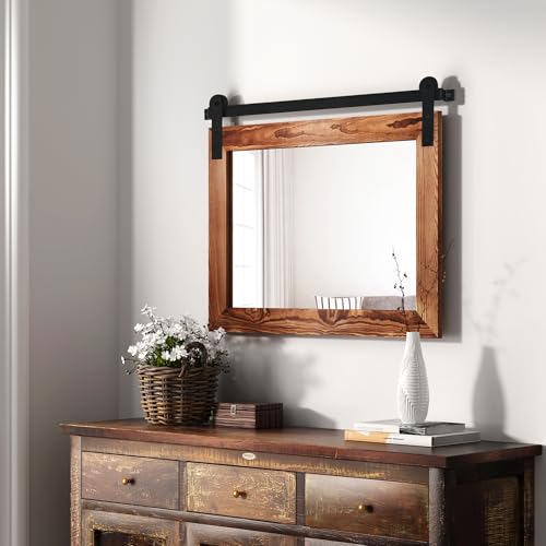 Image of COGOOD Farmhouse Barn Door Mirror - 25 X 18 Rustic Wood Framed Decrative Mirror for Bathroom, Living Room, Entryway Wall Decor (Brown)