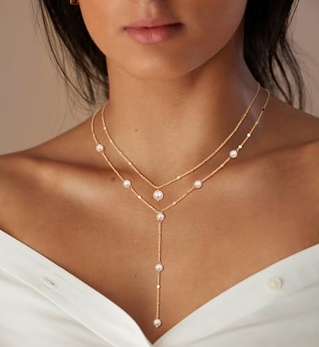 Lariat Gold Necklace for Women: Dainty Pearl Necklace 14k Gold Plated/Silver Y-Shaped Pendant Long Necklace Fashion Layered Simple Gold Necklace Jewelry For Women Trendy4