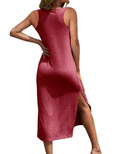 Image of Dyexces Women Summer T Shirt Dress Casual Short Sleeve V Neck Maxi Dresses Loose Side Slit Long Tshirt Dress with Pockets