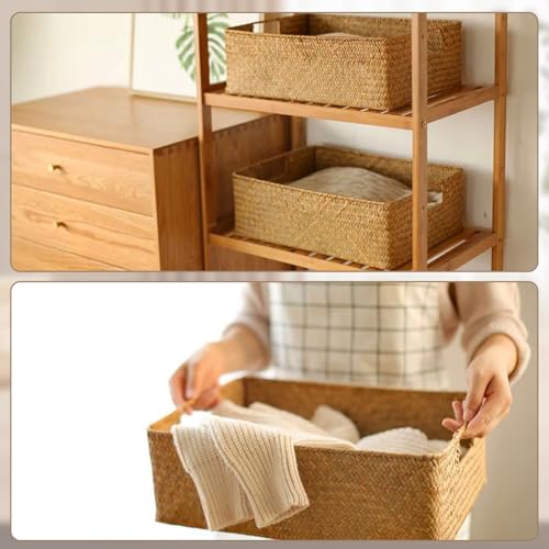 Rechteckiger Aufbewahrungskorb aus Seegras mit Griff Rattankorb korb Geflochten Wäschekorb gewebter Weidenkorb, Handtuchkorb handgefertigter Aufbewahrungskorb Regale und Schreibtische 33X23X11CM