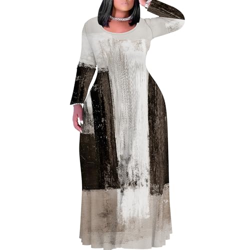Image of PinkPatty Plus Size Maxi Dress for Curvy Women Crew Neck Long Sleeves Casual Dress Vacation Sundresses with Pockets