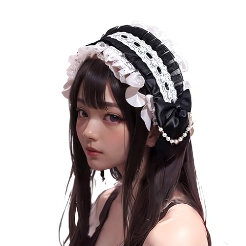 ロリータ ヘッドドレス カチューシャ レース リボン ゴスロリ 髪飾り 萌え メイド (black, 普通)