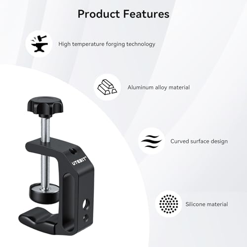 Image of UTEBIT Universal C-Table Clamp with 1 /4 inch and 3 /8 inch Thread, Aluminum Support Clamp Desktop Mount Holder for Range 0.36 inch-2 inch, Versatile Desk Clamp for LCD Monitor Flash Carts Benches Worktables