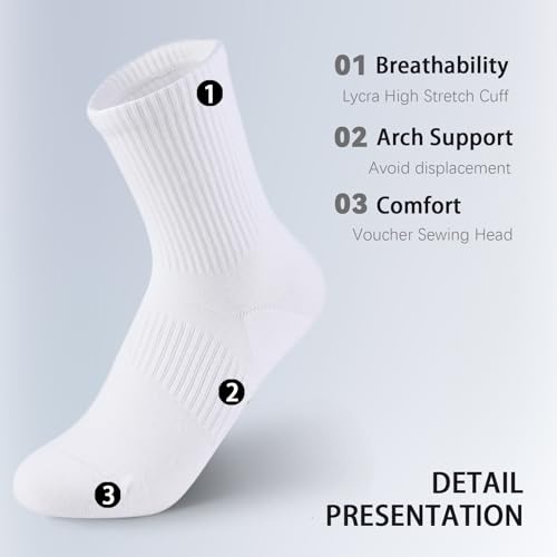 Athletic Running Socks with Arch Compression, Cotton Cushioned Crew Socks for a Secure Fit, White & Black2