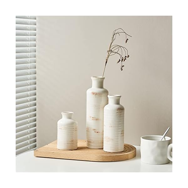 Ceramic Small Vase, Modern Farmhouse Vases for Home Decor, Set of 3 Boho Vases for Living Room, Coffee Table Centerpieces, Entryway, Bedroom, Mantel, Shelf Decor (Distressed White) Ceramic Small Vase, Modern Farmhouse Vases for Home Decor, Set of 3 Boho Vases for Living Room, Coffee Table Centerpieces, Entryway, Bedroom, Mantel, Shelf Decor (Distressed White)