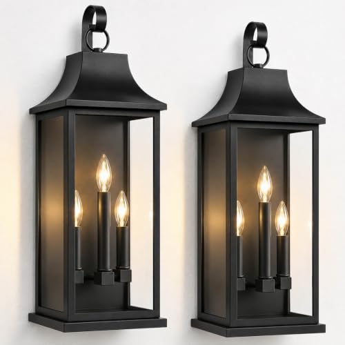 Image of RAYVO 25 inch Extra Large Outdoor Wall Lanterns 2 Pack, Black Porch Lights | Waterproof Anti-Rust Metal Sconce, Clear Glass Panels, 3 E12 Bases, Modern Exterior Light Fixture for Porch Patio Garage