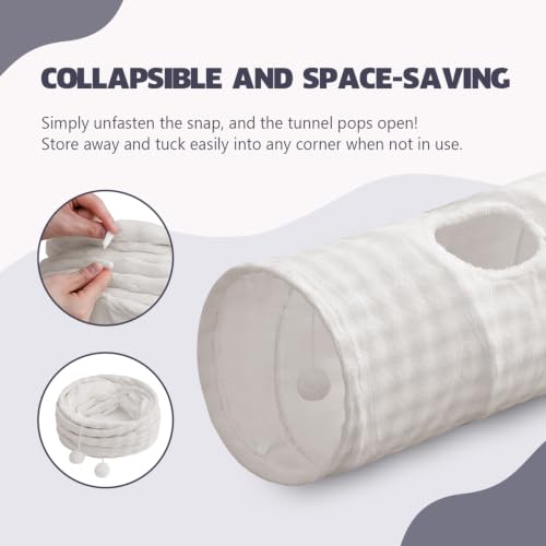 Image of Straight Bubble Cat Tunnel for Indoor Cats 47 inchx12 inch, Cream White | Cute Cat Toys, Collapsible Tunnel Tube with Hanging Balls for Puppy Kitten Rabbit