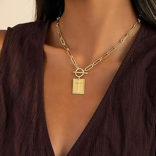 Chunky Cross Pendant Necklace for Women Gold Toggle Clasp Rectangle Necklace Silver Paperclip Cross Charm Necklace Dainty Faith Medallion Statement Necklace Costume Jewelry Accessories2