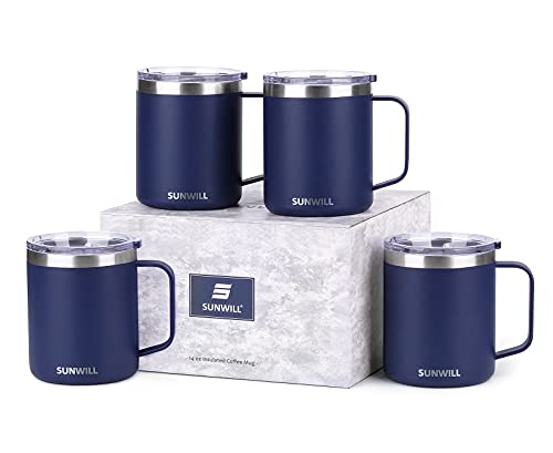 Image of SUNWILL Travel Coffee Mugs Set of 4, Insulated Tumbler with Lid, 14oz Stainless Steel Cup with Handle Bulk for Gift, Camping, Office, Powder Coated Navy Blue