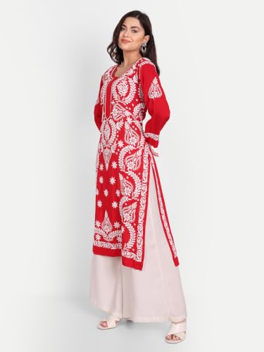 Image of indiankala4u Women's Hand Embroidered Chikankari Kurta for Women | Modal Cotton Straight Kurti | Lucknowi Chikan Work Ethnic Kurta | Full Sleeve Festive Office Wear