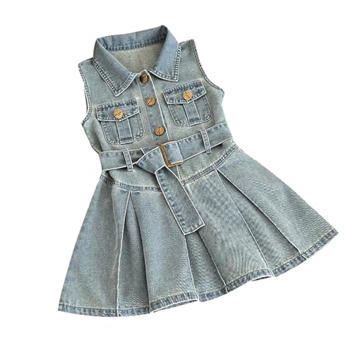 Fashion Toddler Girl Denim Shirt Dress with Belt Kids Summer Sleeveless Lapel Dress Retro 𝐁utton Denim Dresses